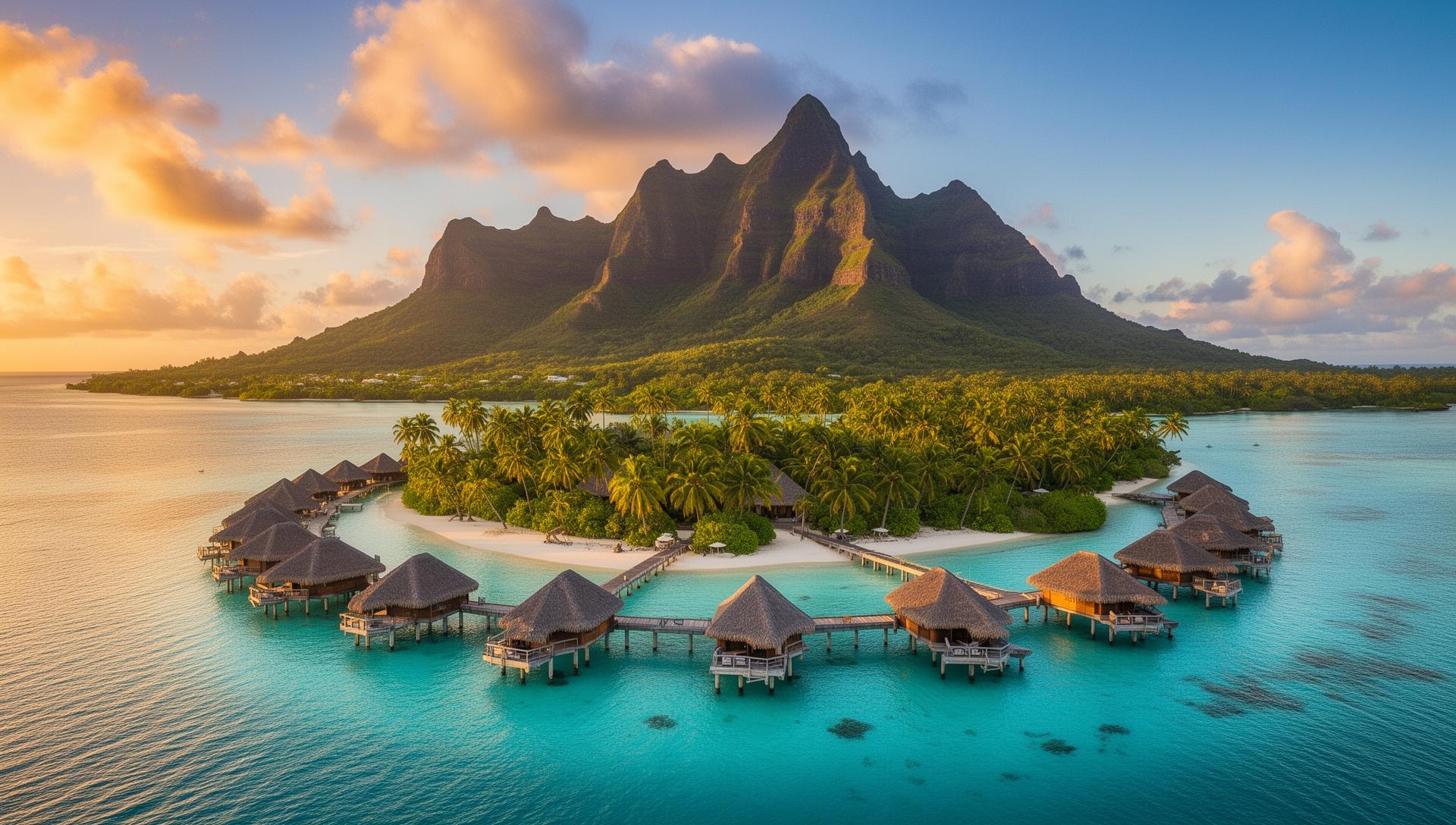 Bora Bora overwater bungalows at sunset